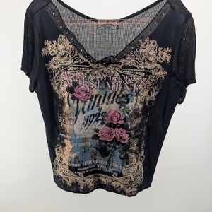 Vanilla Star Black Short Sleeve Tee with Pink Rose Print